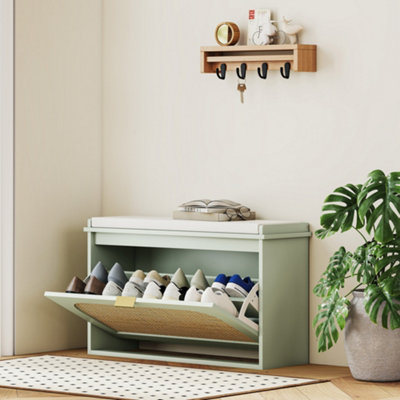 HOMCOM Boho Shoe Bench with Padded Seat and Flip-Drawer, Light Green