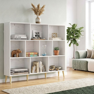 HOMCOM Bookshelf with 10 Cubbies, 3-Tier Book Shelf with Wood Legs, White