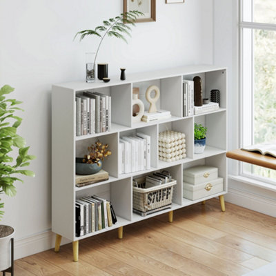 HOMCOM Bookshelf with 10 Cubbies, 3-Tier Book Shelf with Wood Legs, White