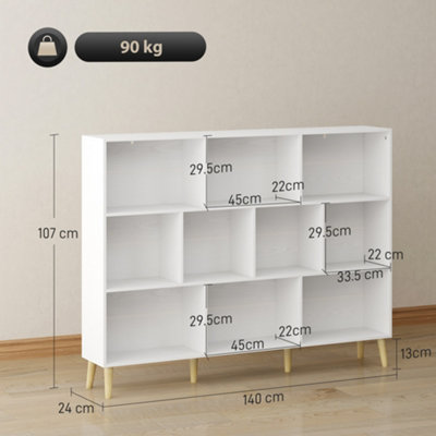 HOMCOM Bookshelf with 10 Cubbies, 3-Tier Book Shelf with Wood Legs, White