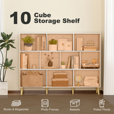 HOMCOM Bookshelf with 10 Cubbies, 3-Tier Book Shelf with Wood Legs, White