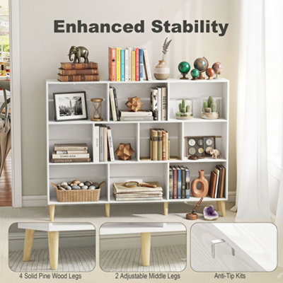HOMCOM Bookshelf with 10 Cubbies, 3-Tier Book Shelf with Wood Legs, White