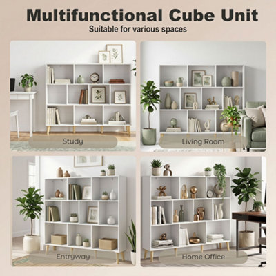 HOMCOM Bookshelf with 10 Cubbies, 3-Tier Book Shelf with Wood Legs, White
