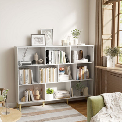 HOMCOM Bookshelf with 10 Cubbies, 3-Tier Book Shelf with Wood Legs, White