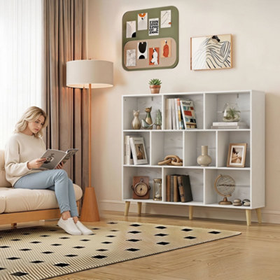 HOMCOM Bookshelf with 10 Cubbies, 3-Tier Book Shelf with Wood Legs, White
