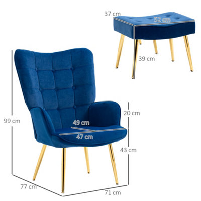 HOMCOM Button Tufted Armchair with Footstool and Gold Tone Steel Legs Dark Blue