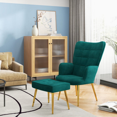 HOMCOM Button Tufted Armchair with Footstool and Gold Tone Steel Legs Dark Green