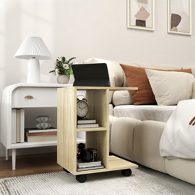 HOMCOM C-Shape End Table Storage Unit w/ 2 Shelves 4 Wheels Home Natural