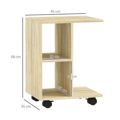 HOMCOM C-Shape End Table Storage Unit w/ 2 Shelves 4 Wheels Home Natural