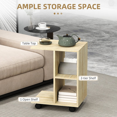 HOMCOM C-Shape End Table Storage Unit w/ 2 Shelves 4 Wheels Home Natural