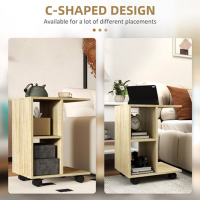 HOMCOM C-Shape End Table Storage Unit w/ 2 Shelves 4 Wheels Home Natural