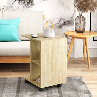 HOMCOM C-Shape End Table Storage Unit w/ 2 Shelves 4 Wheels Home Natural