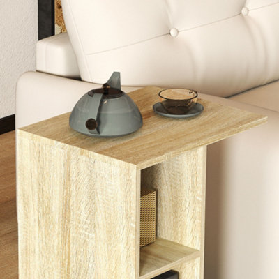HOMCOM C-Shape End Table Storage Unit w/ 2 Shelves 4 Wheels Home Natural