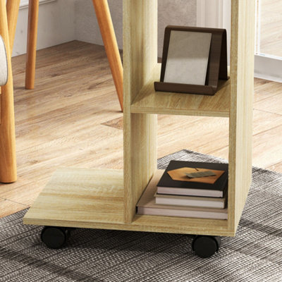 HOMCOM C-Shape End Table Storage Unit w/ 2 Shelves 4 Wheels Home Natural