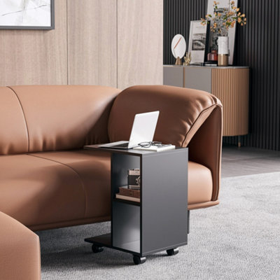 HOMCOM C-Shape End Table Storage Unit w/ 2 Shelves 4 Wheels Home Office Black