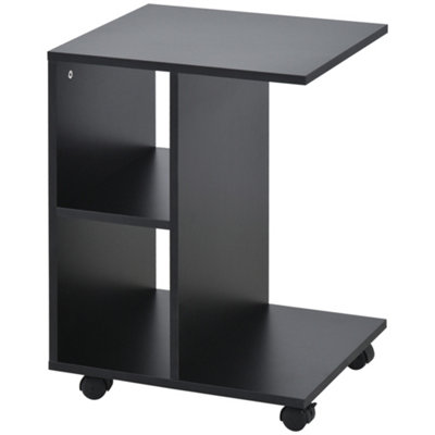 HOMCOM C-Shape End Table Storage Unit w/ 2 Shelves 4 Wheels Home Office Black