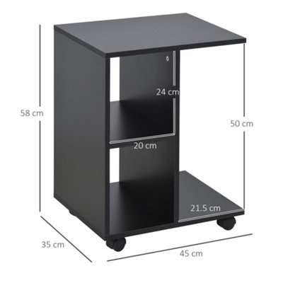 HOMCOM C-Shape End Table Storage Unit w/ 2 Shelves 4 Wheels Home Office Black