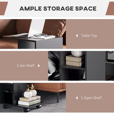 HOMCOM C-Shape End Table Storage Unit w/ 2 Shelves 4 Wheels Home Office Black