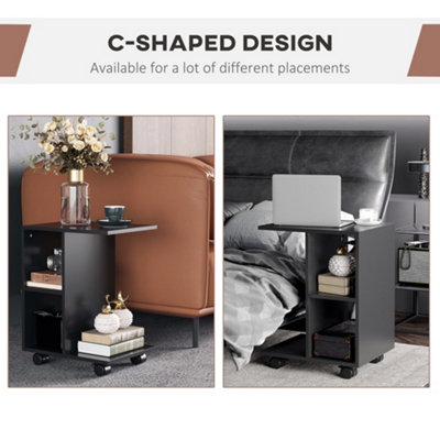 HOMCOM C-Shape End Table Storage Unit w/ 2 Shelves 4 Wheels Home Office Black