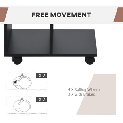 HOMCOM C-Shape End Table Storage Unit w/ 2 Shelves 4 Wheels Home Office Black