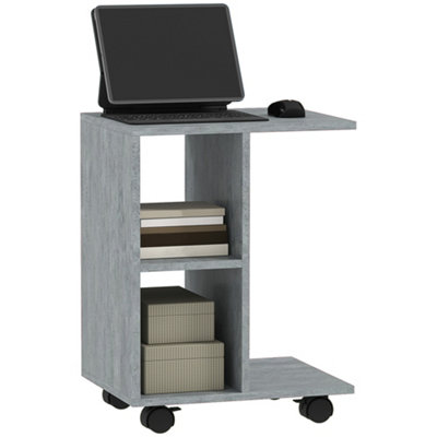 HOMCOM C-Shape End Table Storage Unit w/ 2 Shelves 4 Wheels Home Office Grey