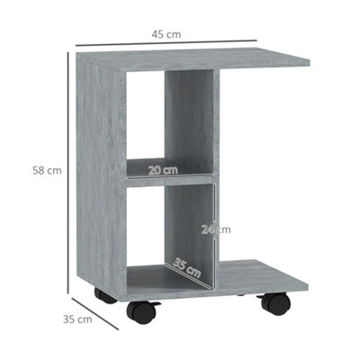 HOMCOM C-Shape End Table Storage Unit w/ 2 Shelves 4 Wheels Home Office Grey
