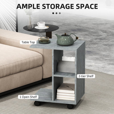 HOMCOM C-Shape End Table Storage Unit w/ 2 Shelves 4 Wheels Home Office Grey