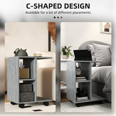 HOMCOM C-Shape End Table Storage Unit w/ 2 Shelves 4 Wheels Home Office Grey