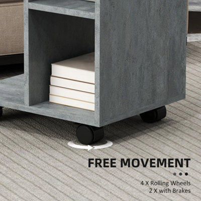 HOMCOM C-Shape End Table Storage Unit w/ 2 Shelves 4 Wheels Home Office Grey