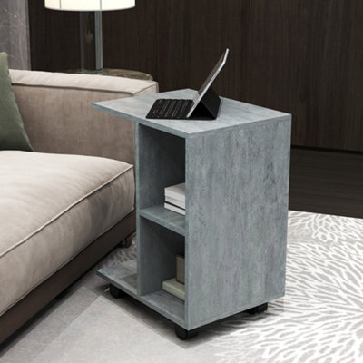 HOMCOM C-Shape End Table Storage Unit w/ 2 Shelves 4 Wheels Home Office Grey
