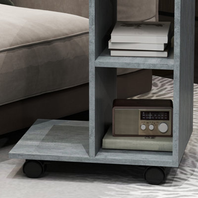 HOMCOM C-Shape End Table Storage Unit w/ 2 Shelves 4 Wheels Home Office Grey