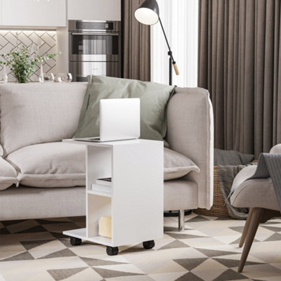 HOMCOM C-Shape End Table Storage Unit w/ 2 Shelves 4 Wheels Home Office White