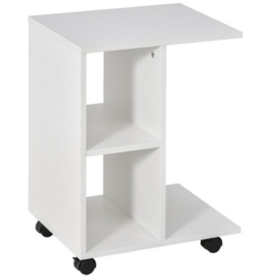 HOMCOM C-Shape End Table Storage Unit w/ 2 Shelves 4 Wheels Home Office White