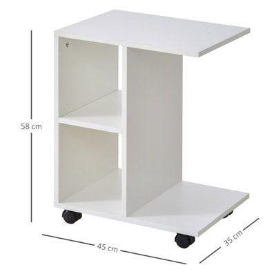HOMCOM C-Shape End Table Storage Unit w/ 2 Shelves 4 Wheels Home Office White