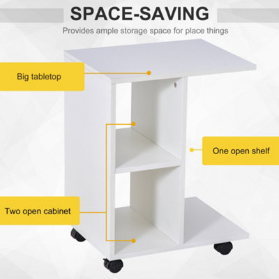 HOMCOM C-Shape End Table Storage Unit w/ 2 Shelves 4 Wheels Home Office White