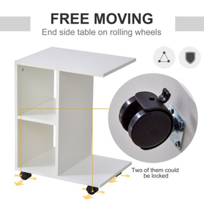 HOMCOM C-Shape End Table Storage Unit w/ 2 Shelves 4 Wheels Home Office White