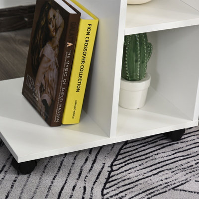 HOMCOM C-Shape End Table Storage Unit w/ 2 Shelves 4 Wheels Home Office White
