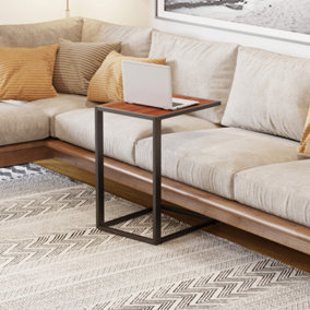 HOMCOM C-Shape Side End Table w/ Steel Frame Wide Base for Living Room Walnut