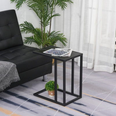 HOMCOM C Shape Side Table w/ Marble-Effect Top and Metal Frame, Black
