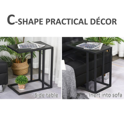 HOMCOM C Shape Side Table w/ Marble-Effect Top and Metal Frame, Black