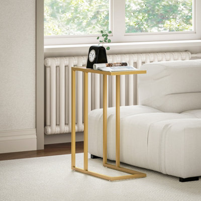 HOMCOM C-Shaped Bedside Table, Side Table with Tempered Glass Tabletop, Gold
