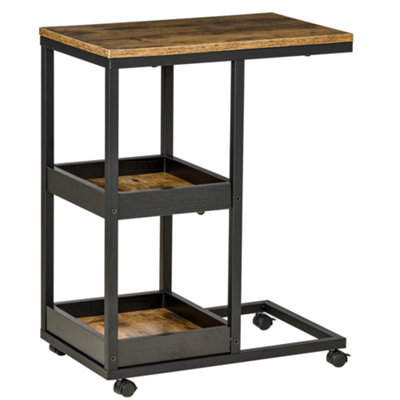 HOMCOM C-Shaped Mobile Couch Bed Side Table w/ 3-tier Storage Shelf - Brown