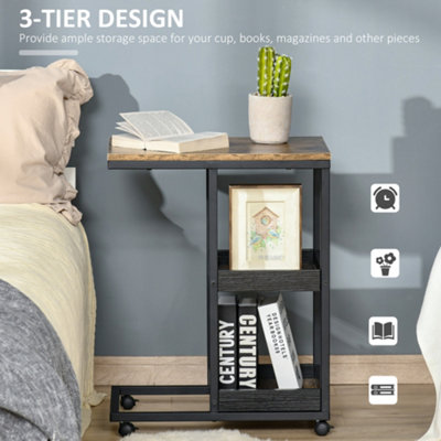HOMCOM C-Shaped Mobile Couch Bed Side Table w/ 3-tier Storage Shelf - Brown
