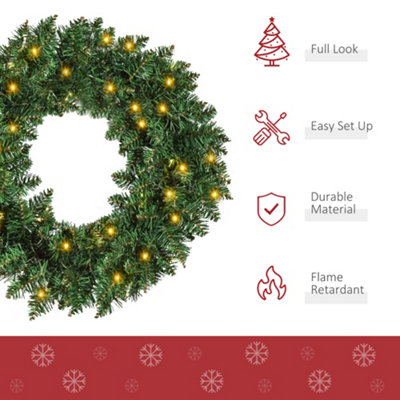 HOMCOM Christmas Wreath 50 Warm White LED Lights Ideal Artificial Decor