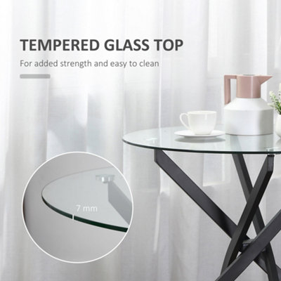 HOMCOM Clear Glass Side Table Round Metal Dining Table Dining Living Room Black