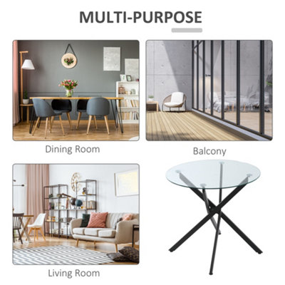 HOMCOM Clear Glass Side Table Round Metal Dining Table Dining Living Room Black