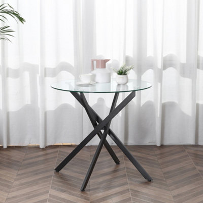 HOMCOM Clear Glass Side Table Round Metal Dining Table Dining Living Room Black