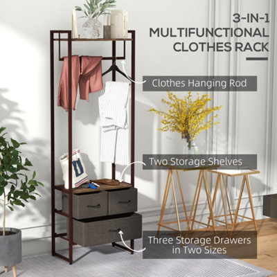 HOMCOM Clothes Hanging Rail with 3 Fabric Drawers Storage Shelves for ...