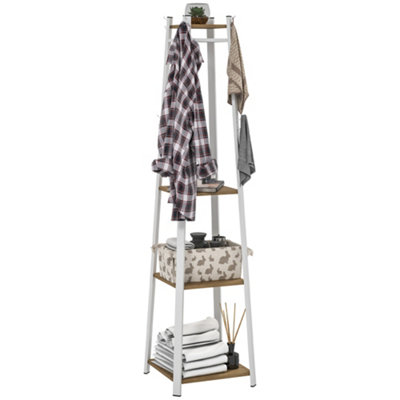 HOMCOM Clothes Rack with Storage, Garment Rack with Hooks and Shelf, Oak