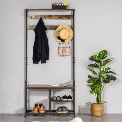 HOMCOM Coat Rack Stand Shoe Storage Bench for Bedroom Living Room